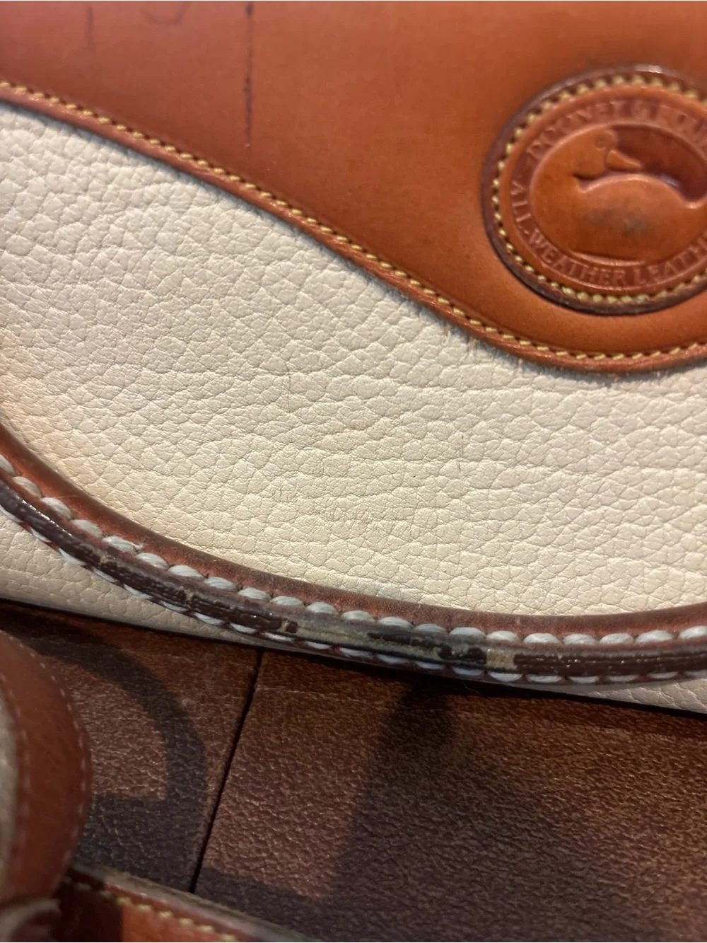Dooney & Bourke Cream and Brown Leather Satchel with Gold Hardware